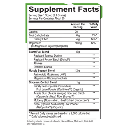 Supplement facts label with detailed nutritional information on a white background