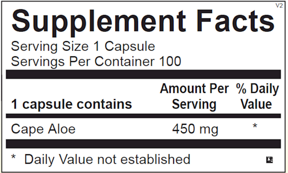 Supplement facts label for a capsule containing Cape Aloe with serving size and container details.