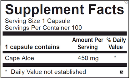 Supplement facts label for a capsule containing Cape Aloe with serving size and container details.