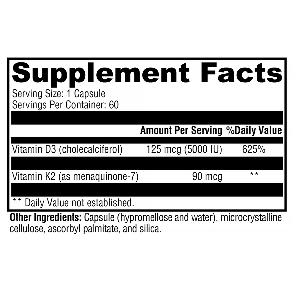 Supplement facts label with vitamins D3 and K2 on a white background