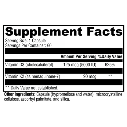 Supplement facts label with vitamins D3 and K2 on a white background