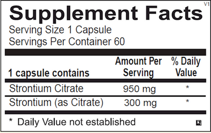 Supplement facts label for Strontium Citrate capsules with serving size and container information.