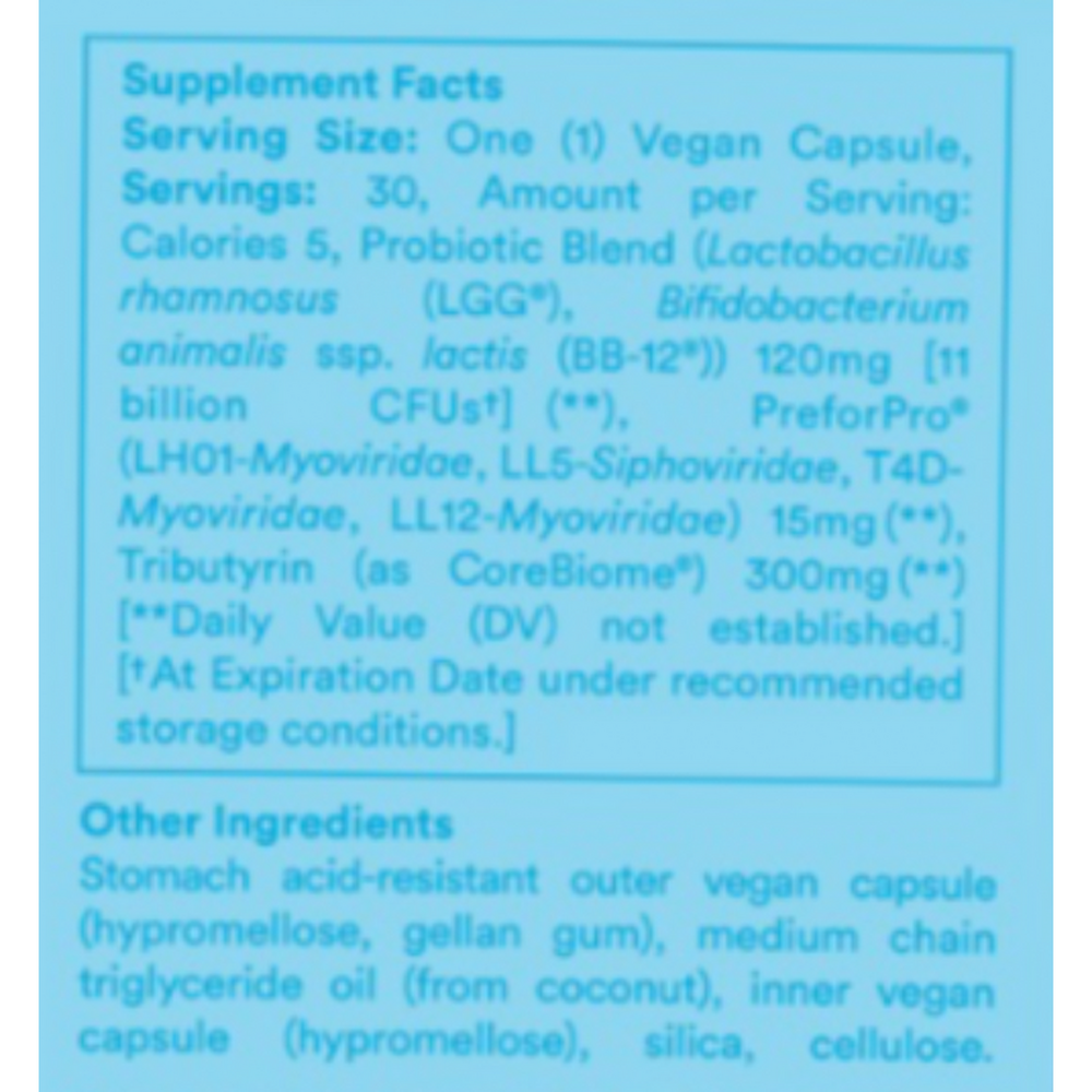 A close-up of a supplement facts label with a light blue background and black text, showing serving size, calories, probiotic blend ingredients, and other ingredients.