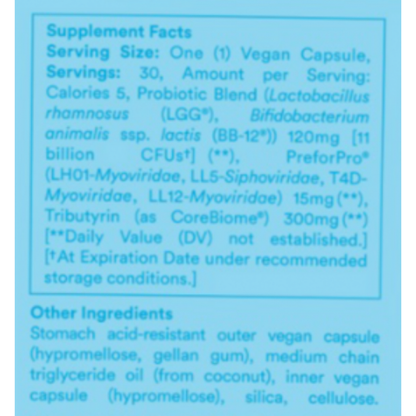 A close-up of a supplement facts label with a light blue background and black text, showing serving size, calories, probiotic blend ingredients, and other ingredients.