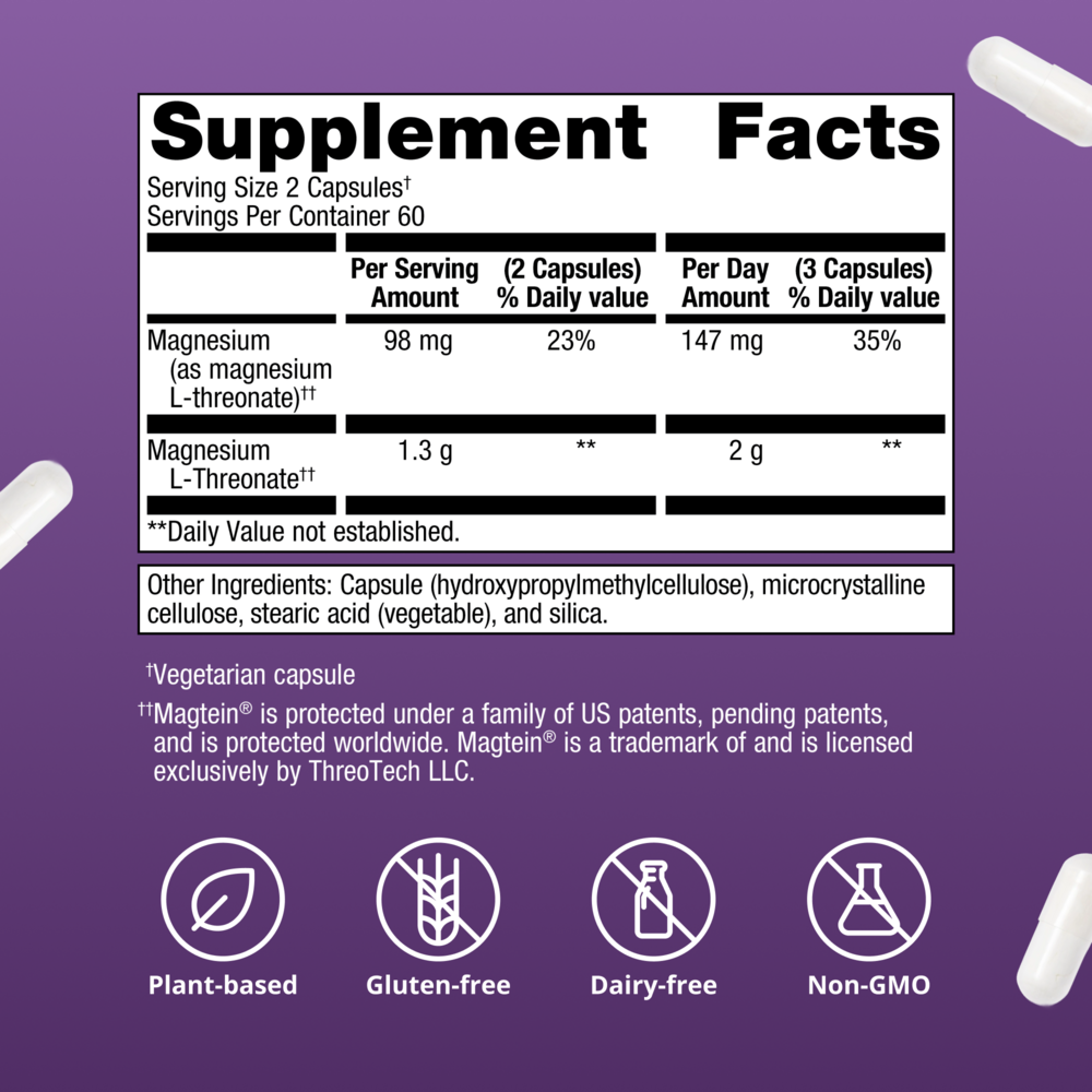 Supplement facts label with nutritional information on a purple background