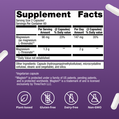 Supplement facts label with nutritional information on a purple background