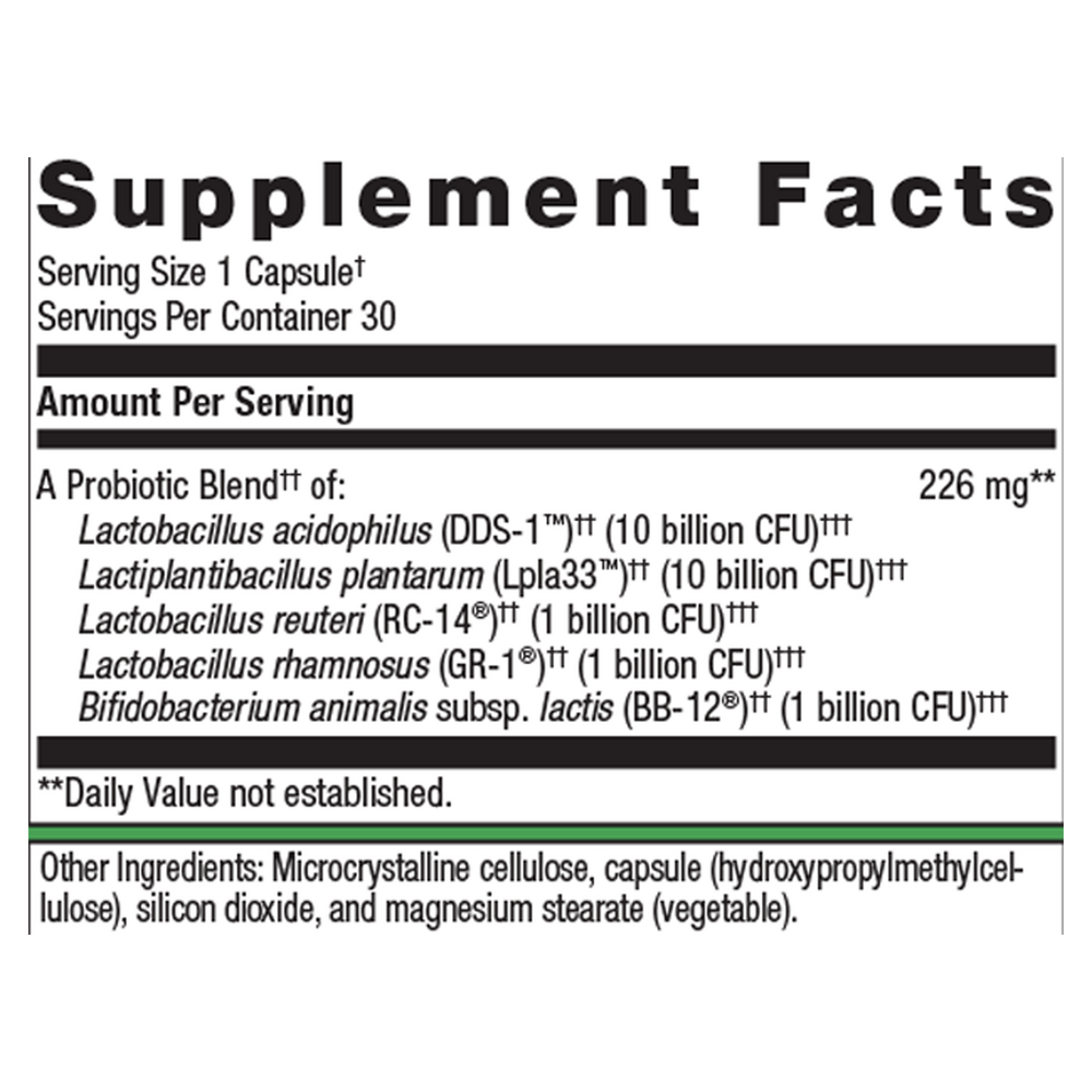 Supplement facts for a bottle of Metagenics Women's Health Unltraflora Complete Women's Probiotic 5 in 1 daily support for digestive health, bloating, vaginal health, immune health and stress. 