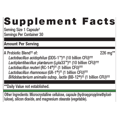 Supplement facts for a bottle of Metagenics Women's Health Unltraflora Complete Women's Probiotic 5 in 1 daily support for digestive health, bloating, vaginal health, immune health and stress. 