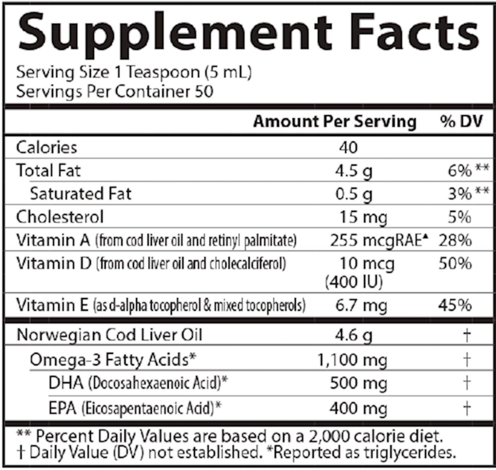 Supplement facts label for a product containing Norwegian Cod Liver Oil with nutritional information.