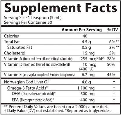 Supplement facts label for a product containing Norwegian Cod Liver Oil with nutritional information.