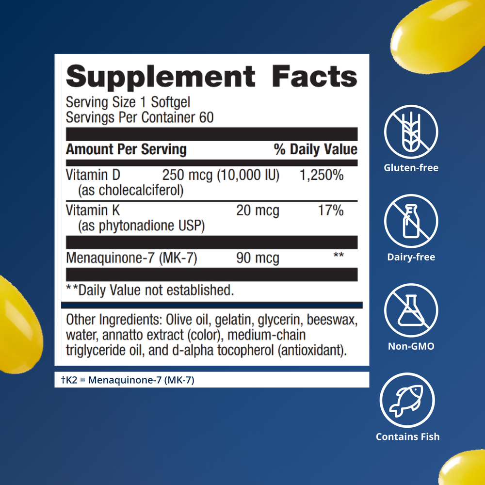 Supplement facts label for A bottle of Metagenics Vitamin d3 10,000 + K