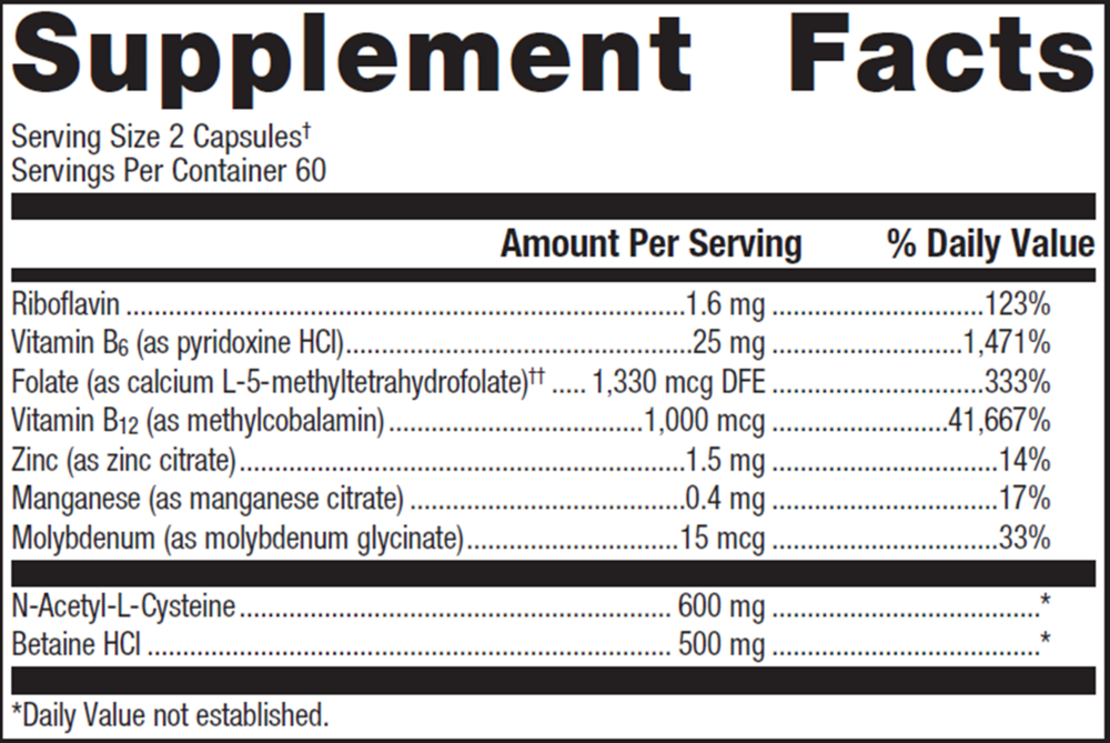 Supplement facts label with detailed nutritional information per serving