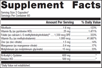 Supplement facts label with detailed nutritional information per serving
