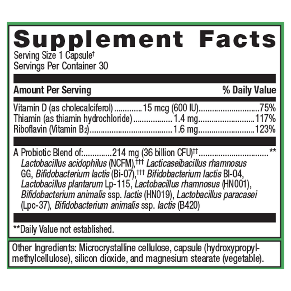 Supplement facts label with detailed nutritional information and probiotic blend on a white background.