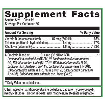 Supplement facts label with detailed nutritional information and probiotic blend on a white background.