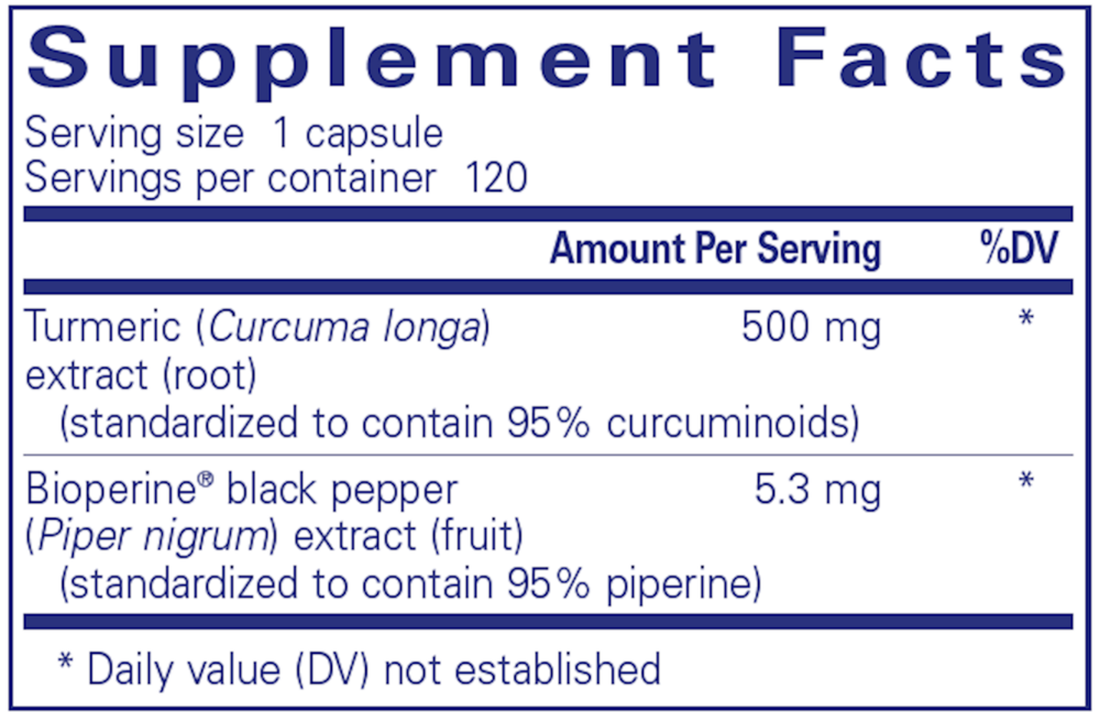 Supplement facts label for a product containing Turmeric and Bioperine.