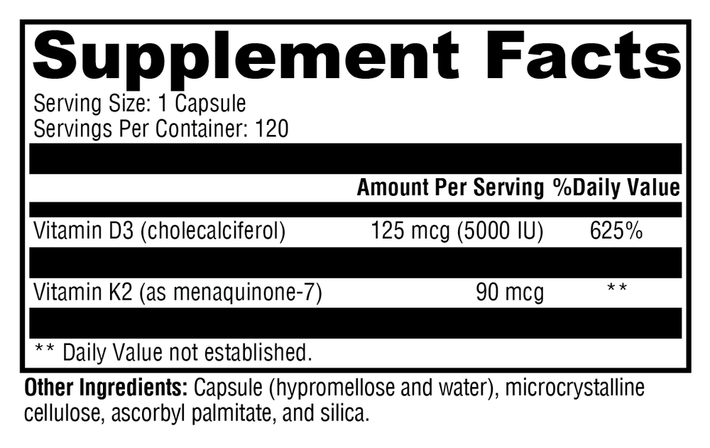 Supplement facts label with vitamins D3 and K2 on a white background