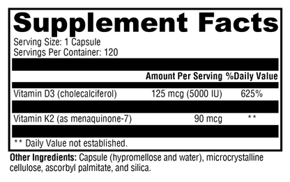 Supplement facts label with vitamins D3 and K2 on a white background