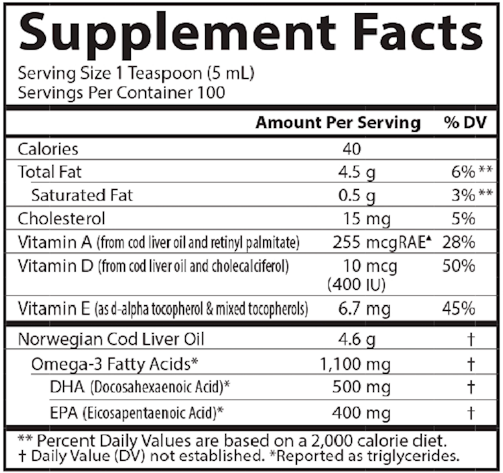 Supplement facts label for a product containing Norwegian Cod Liver Oil with nutritional information.