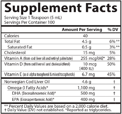 Supplement facts label for a product containing Norwegian Cod Liver Oil with nutritional information.