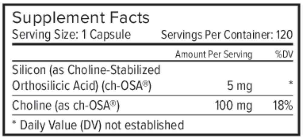 Supplement facts label for a capsule with silicon and choline-stabilized orthosilicic acid.