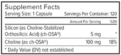 Supplement facts label for a capsule with silicon and choline-stabilized orthosilicic acid.