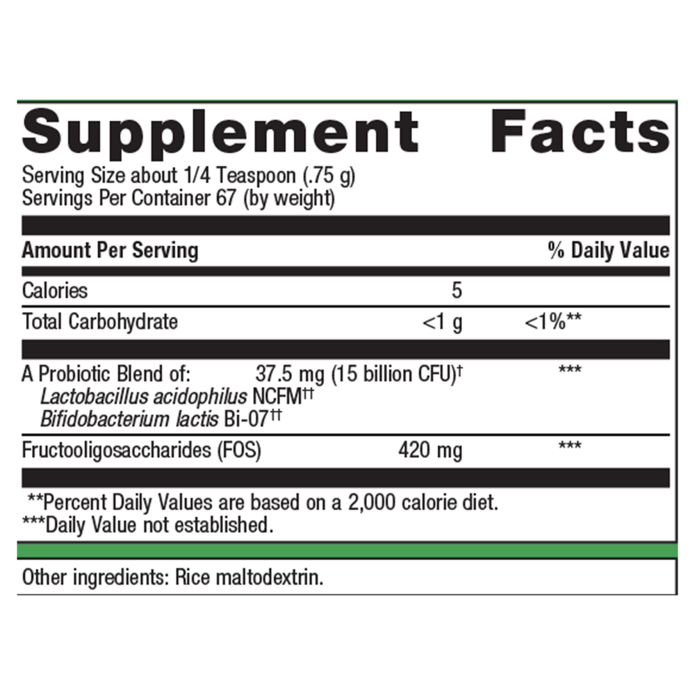 Supplement facts label with probiotic blend information on a white background