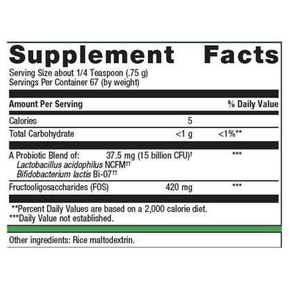 Supplement facts label with probiotic blend information on a white background