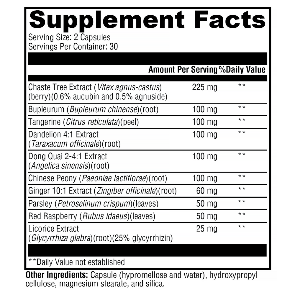 Supplement facts label with various herbal extracts and their amounts per serving.