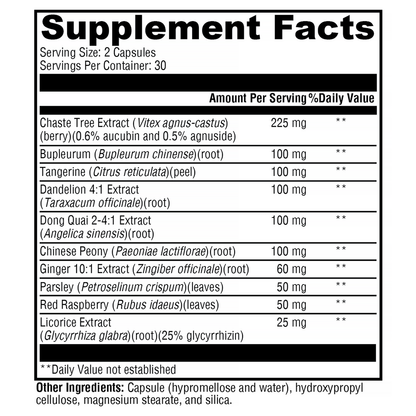 Supplement facts label with various herbal extracts and their amounts per serving.