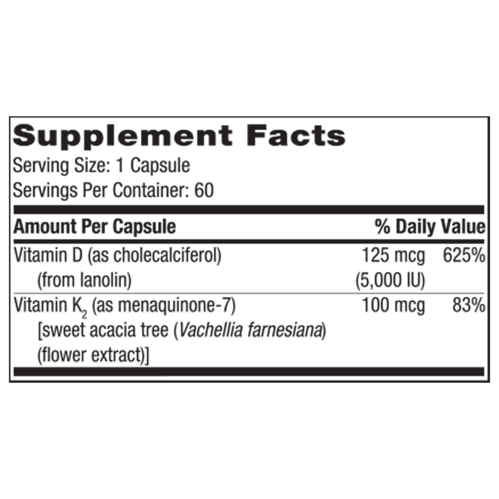 Supplement facts label with vitamins D and K2 on a white background