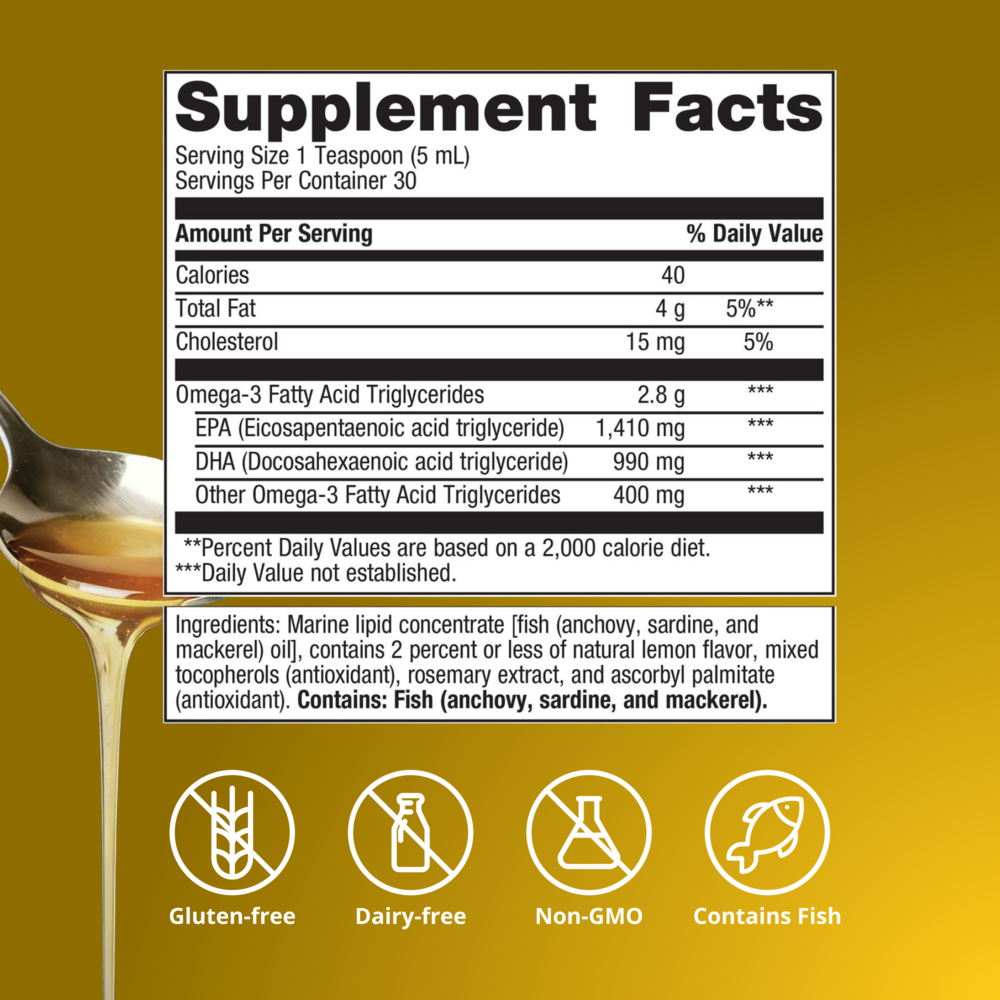 Supplements facts for A bottle of Metagenics Omegagenics 5 in 1 liquid fish oil, listed with a yellow background.