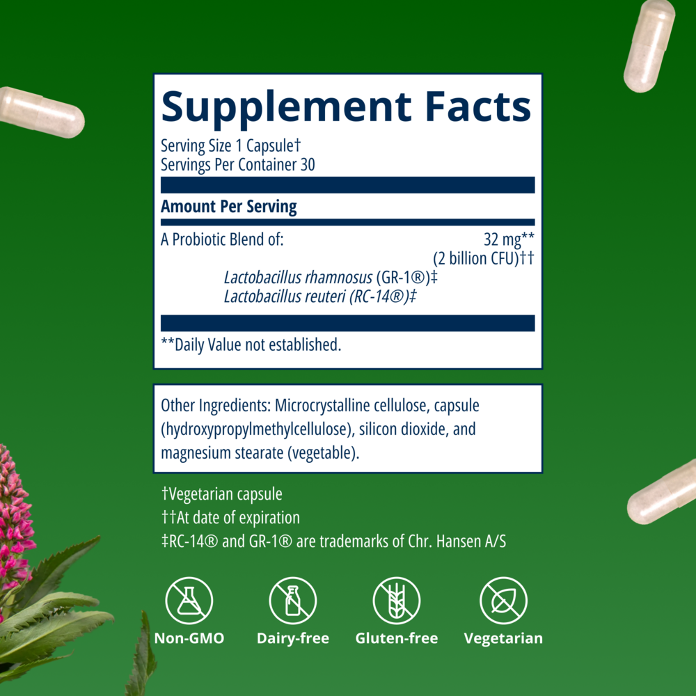 Supplement facts label with probiotic blend on a green background