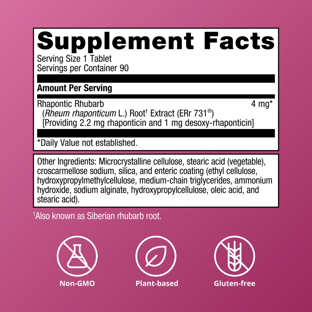 Supplement facts label with rhapontic rhubarb extract on a pink background