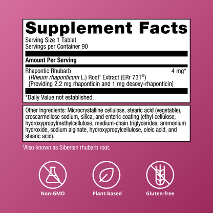 Supplement facts label with rhapontic rhubarb extract on a pink background