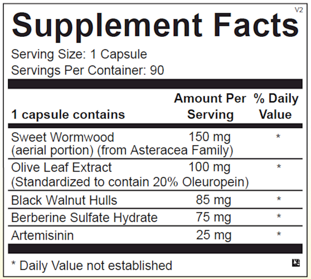 Supplement facts label with various herbal ingredients and their amounts per serving.