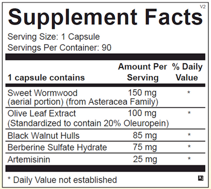 Supplement facts label with various herbal ingredients and their amounts per serving.