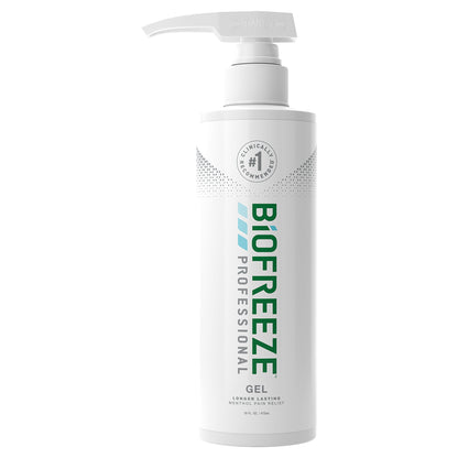 A pump bottle of Biofreeze Professional topical pain relief gel with a white label and green text.