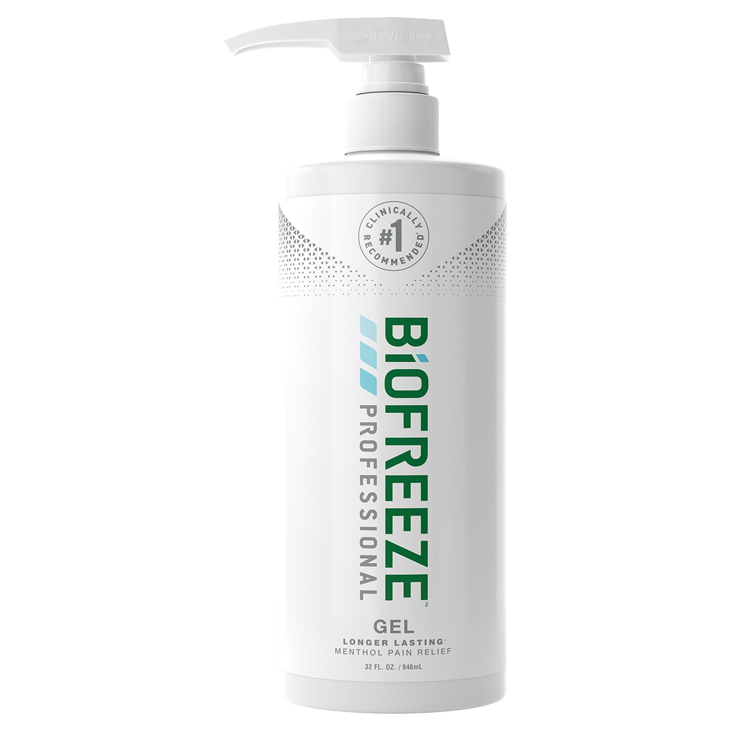 A pump bottle of Biofreeze Professional topical pain relief gel with a white label and green text.