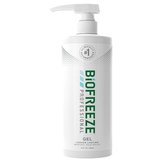 A pump bottle of Biofreeze Professional topical pain relief gel with a white label and green text.