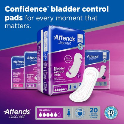 Attends Discreet bladder control pads packaging on a purple and blue background