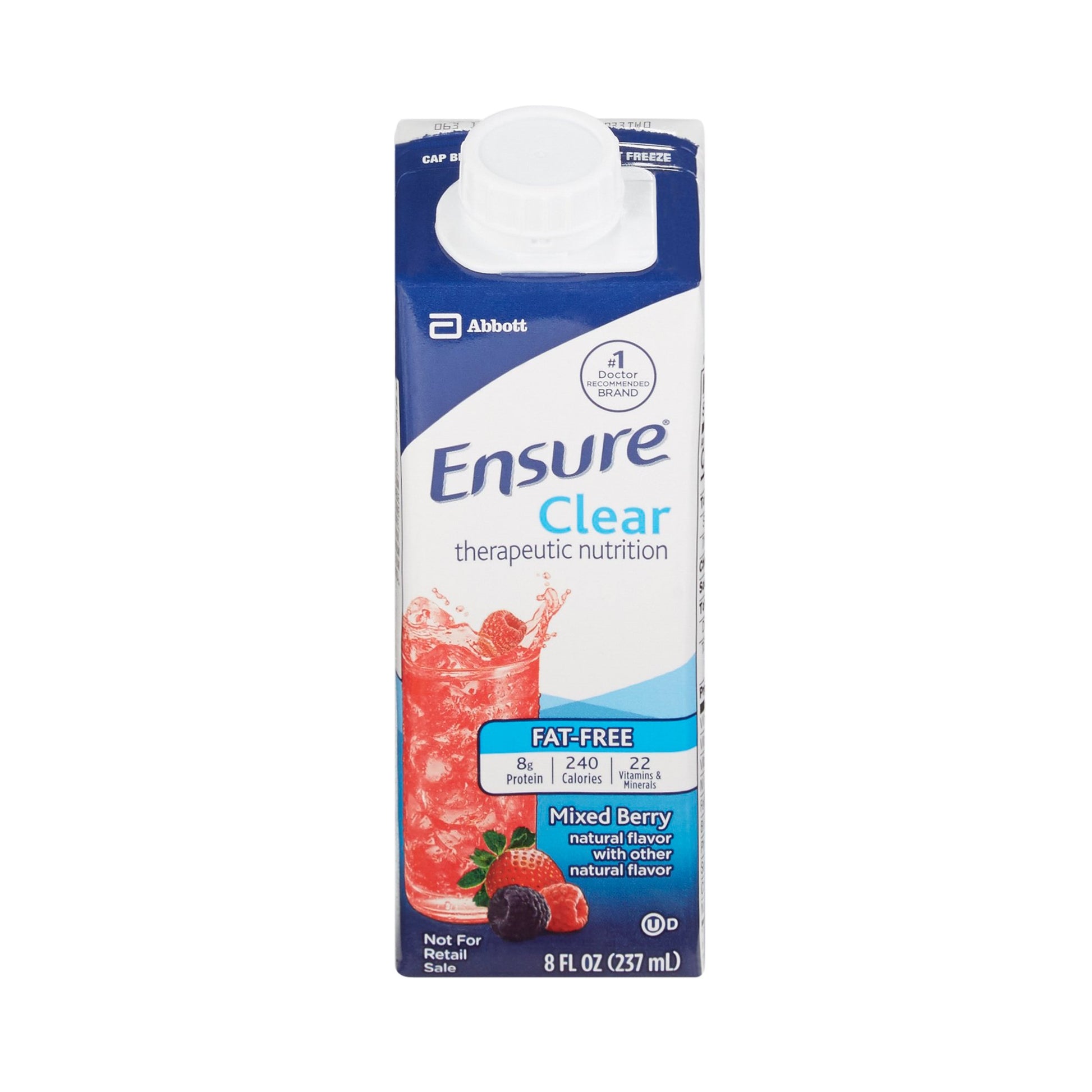 Ensure Clear therapeutic nutrition package with mixed berry flavor on a white background