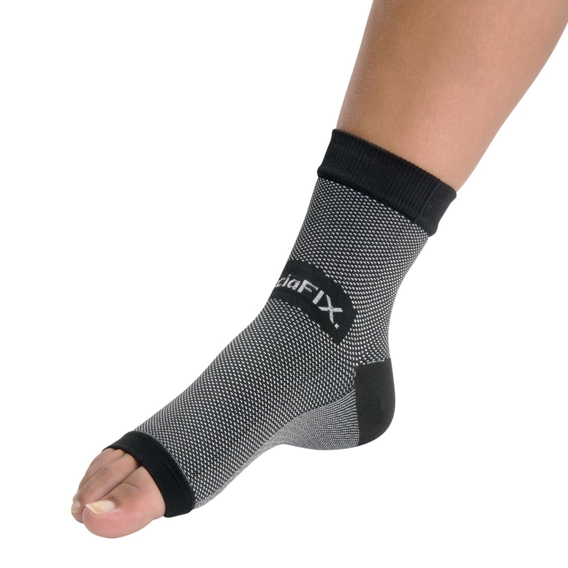 Gray ankle support brace with black accents on a white background