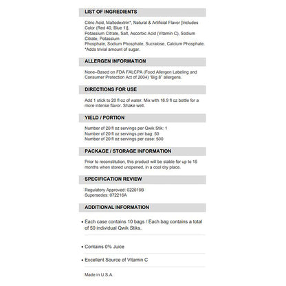 Oral Electrolyte Solution Sqwincher® Quik Stik® Zero Grape Flavor 0.11 oz. Electrolyte (159060107)