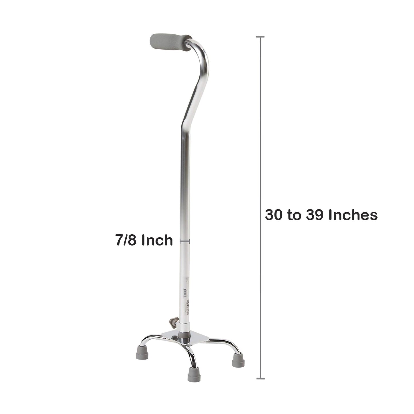 A picture of a steel quad cane with measurements.