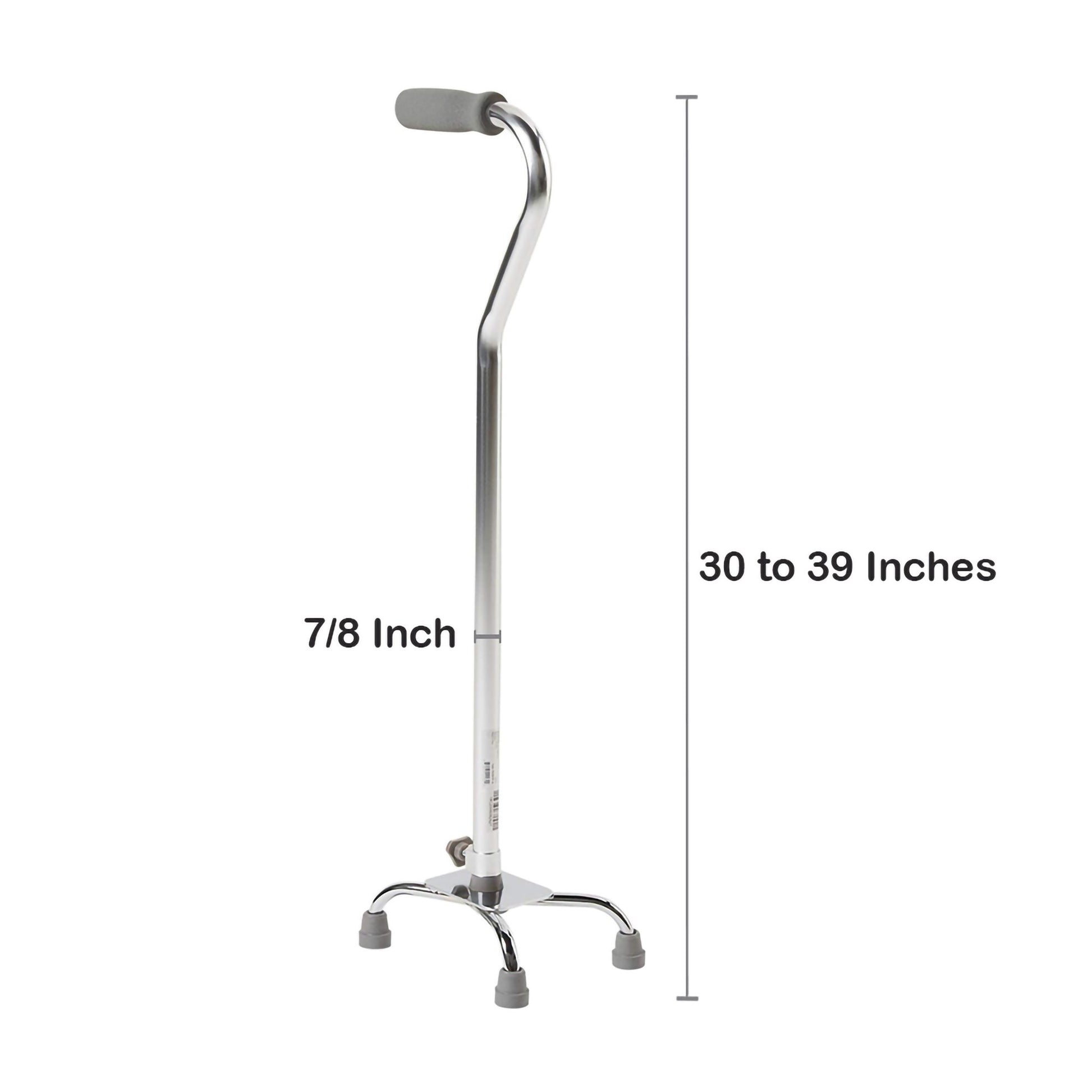 A picture of a steel quad cane with measurements.