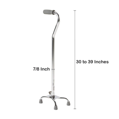 A picture of a steel quad cane with measurements.
