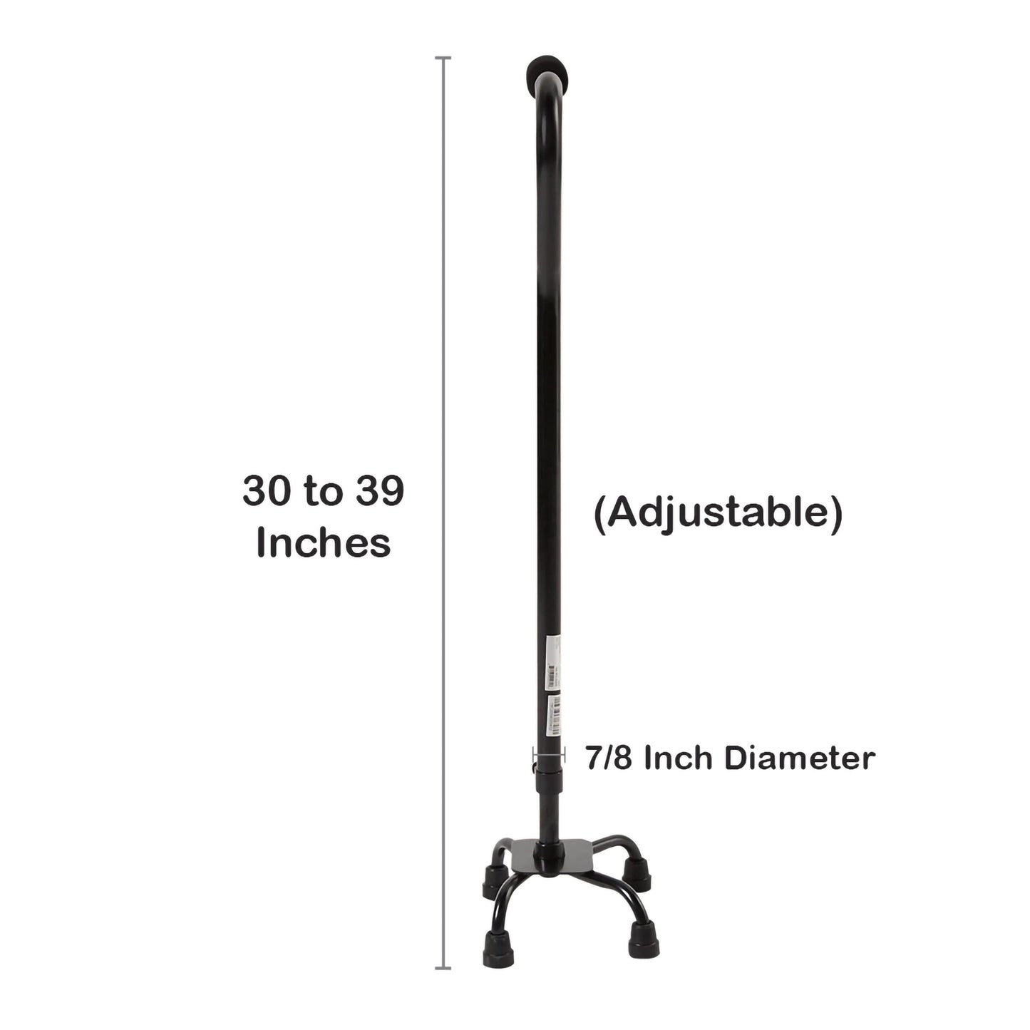 Black cane with adjustable length, 7/8 inch diameter, and footrest on a white background