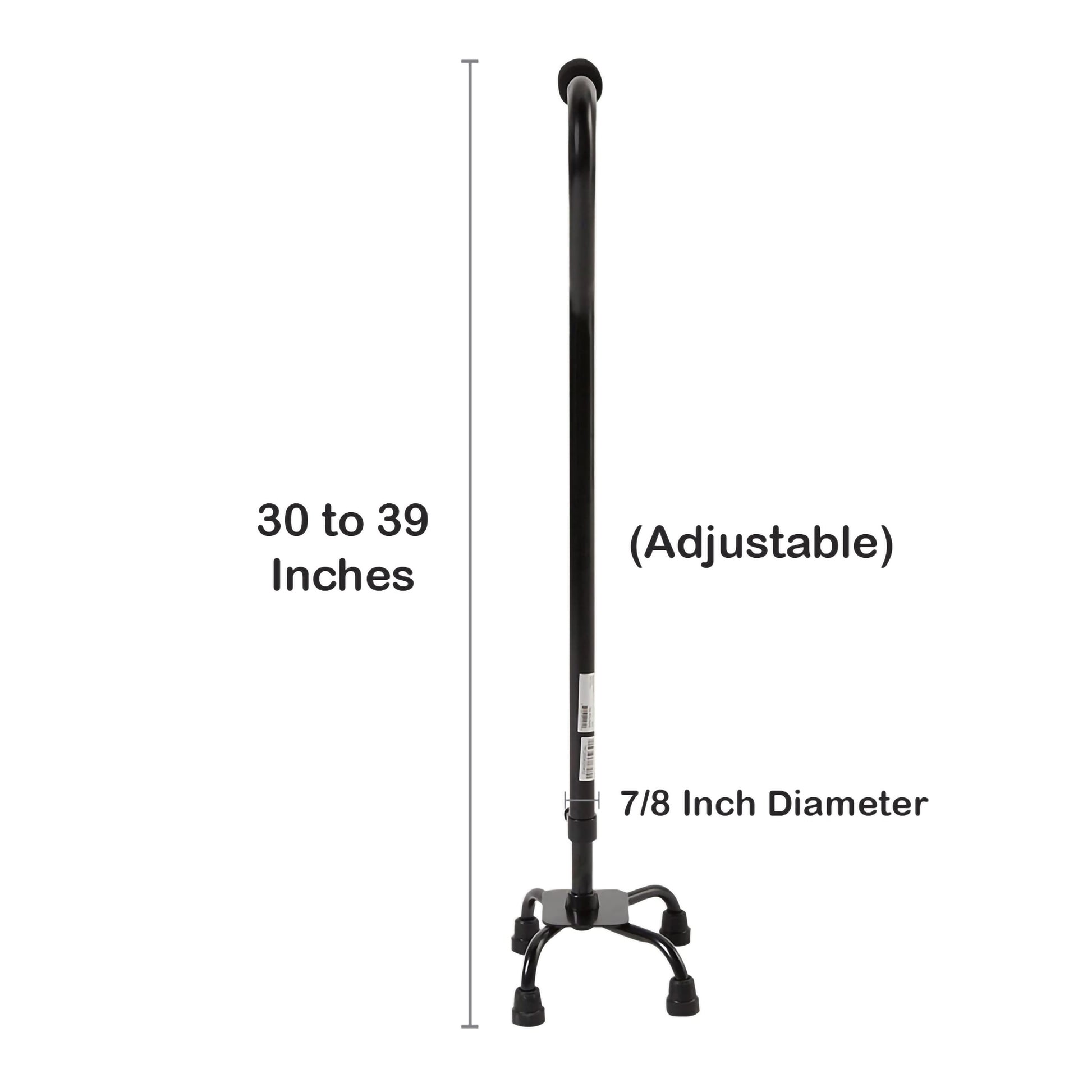 Black cane with adjustable length, 7/8 inch diameter, and footrest on a white background