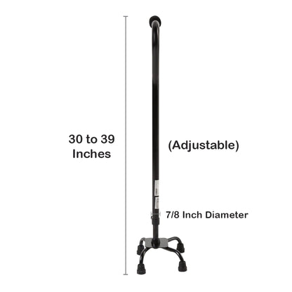 Black cane with adjustable length, 7/8 inch diameter, and footrest on a white background